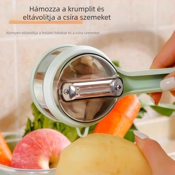 Látható tárolóval ellátott hámozó konyhai használatra, alma, spárga és körte hámozásához, beépített tárolóval.