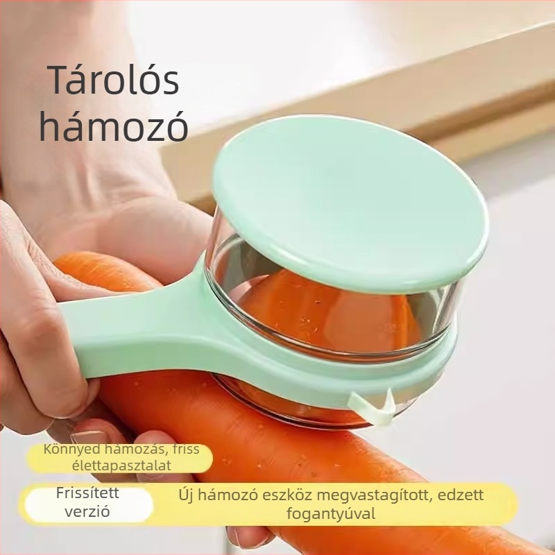 Látható tárolóval ellátott hámozó konyhai használatra, alma, spárga és körte hámozásához, beépített tárolóval.