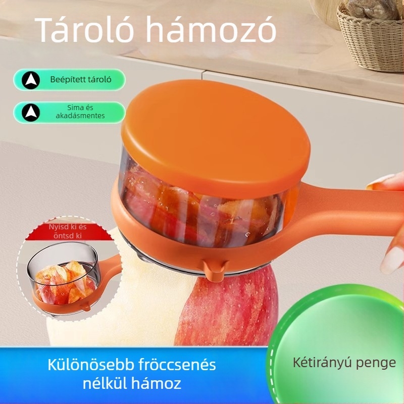 Látható tárolóval ellátott hámozó konyhai használatra, alma, spárga és körte hámozásához, beépített tárolóval.