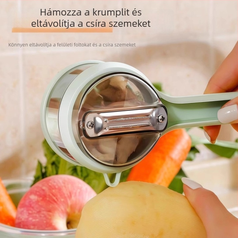 Látható tárolóval ellátott hámozó konyhai használatra, alma, spárga és körte hámozásához, beépített tárolóval.
