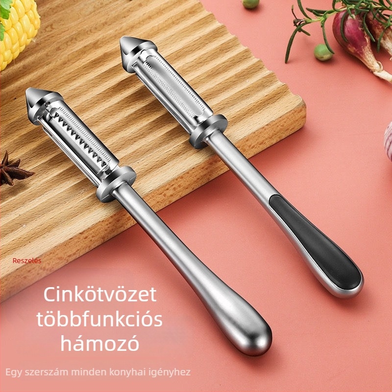 Cinkötvözetből készült multifunkcionális konyhai eszköz: 3-in-1 zöldséghámozó és reszelő, 5-in-1 gyümölcskaparó és sörösüveg-nyitó