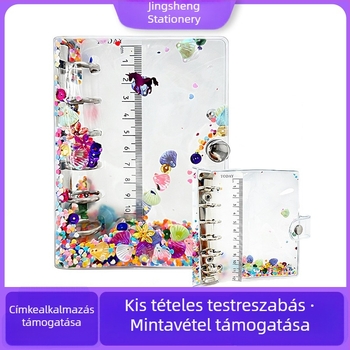 A7-es notesz leválasztható lapokkal, átlátszó PVC borítóval, színes csillogó glitterrel, diák napló kártyatartóval