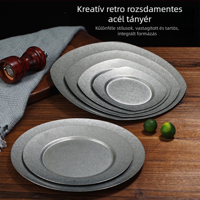 Vintage japán stílusú rozsdamentes acél grills tál, patinázott felület, steak tál, csonttál, sekélyes tál, hot pot tál