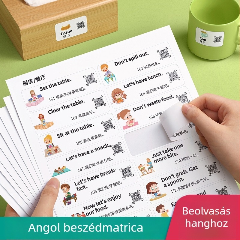 Családi jelenetekhez angol nyelvű matricák készlet, mindennapi beszélgetésekhez és szókincs fejlesztéséhez általános iskolások számára