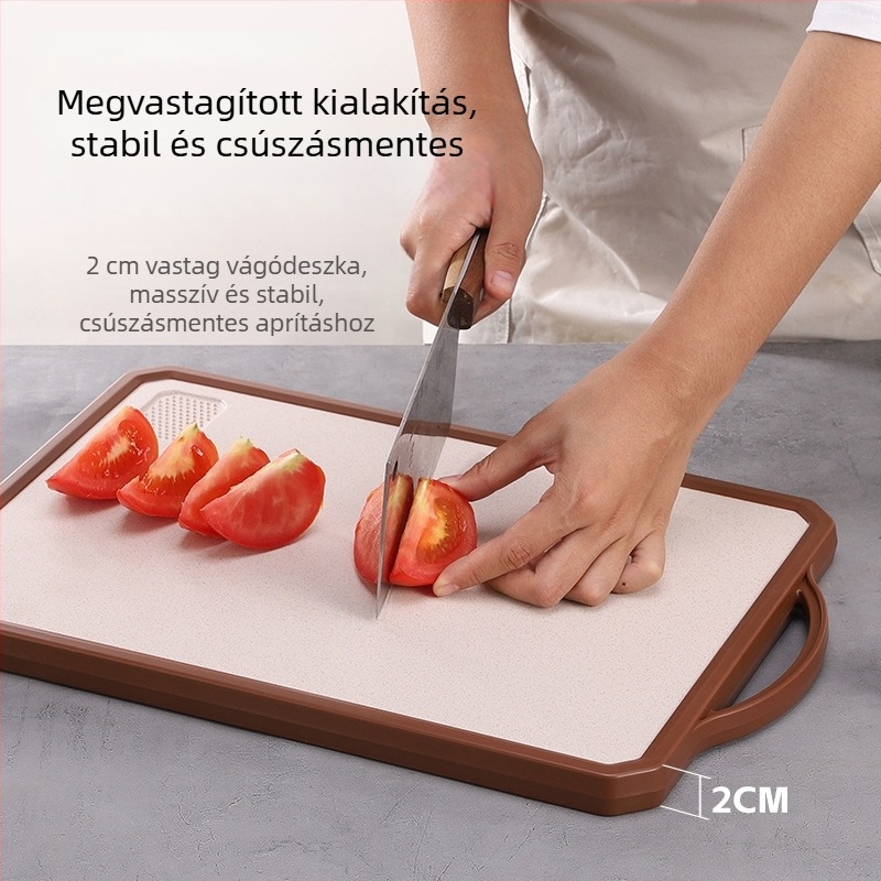 Rozsdamentes acél vágódeszka, kétoldalas, vastagított, csúszásmentes, antibakteriális, penészálló, háztartási használatra.