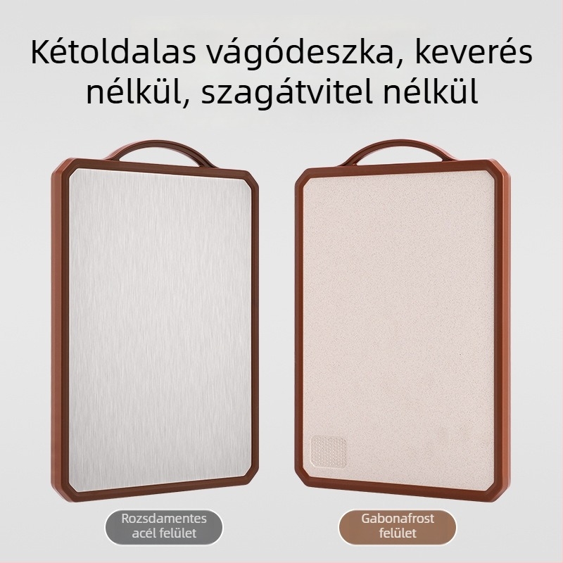 Rozsdamentes acél vágódeszka, kétoldalas, vastagított, csúszásmentes, antibakteriális, penészálló, háztartási használatra.