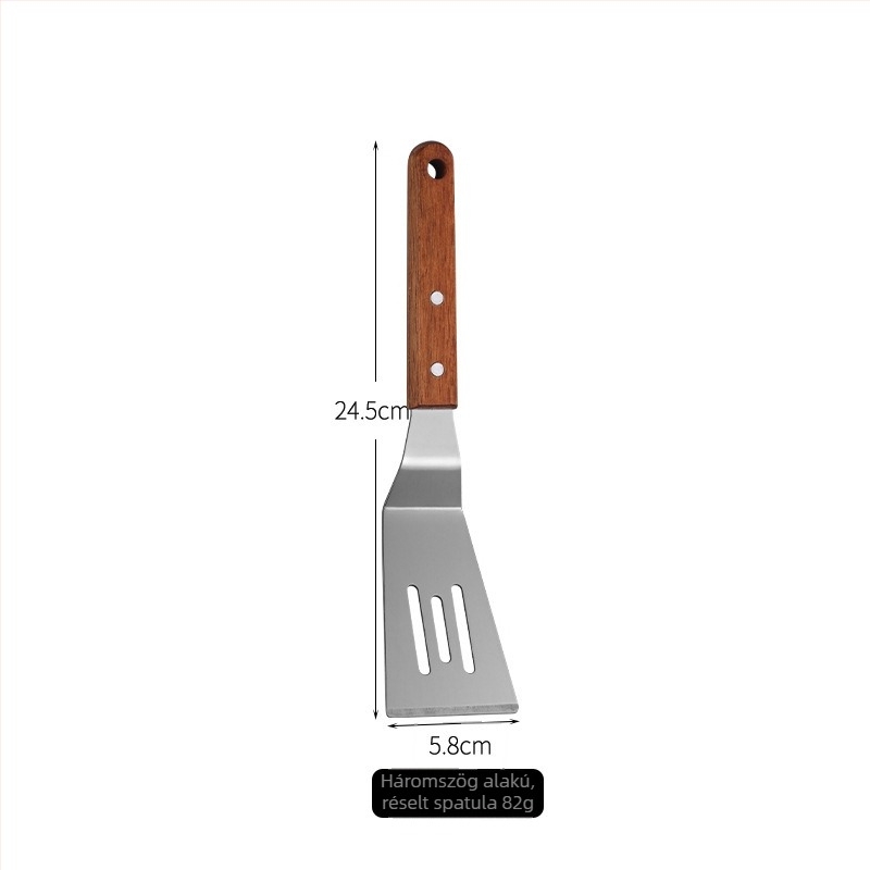 Rozsdamentes acél spatula fából készült nyéllel teppanyakihoz, steakhez, háromszög alakú spatula, pizza és palacsinták számára