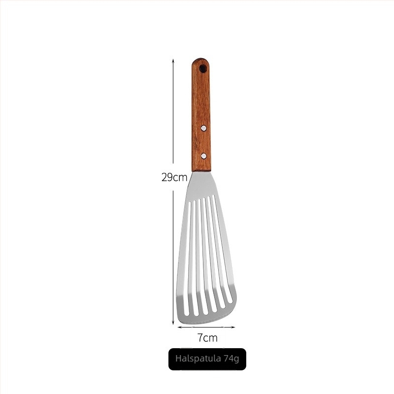 Rozsdamentes acél spatula fából készült nyéllel teppanyakihoz, steakhez, háromszög alakú spatula, pizza és palacsinták számára