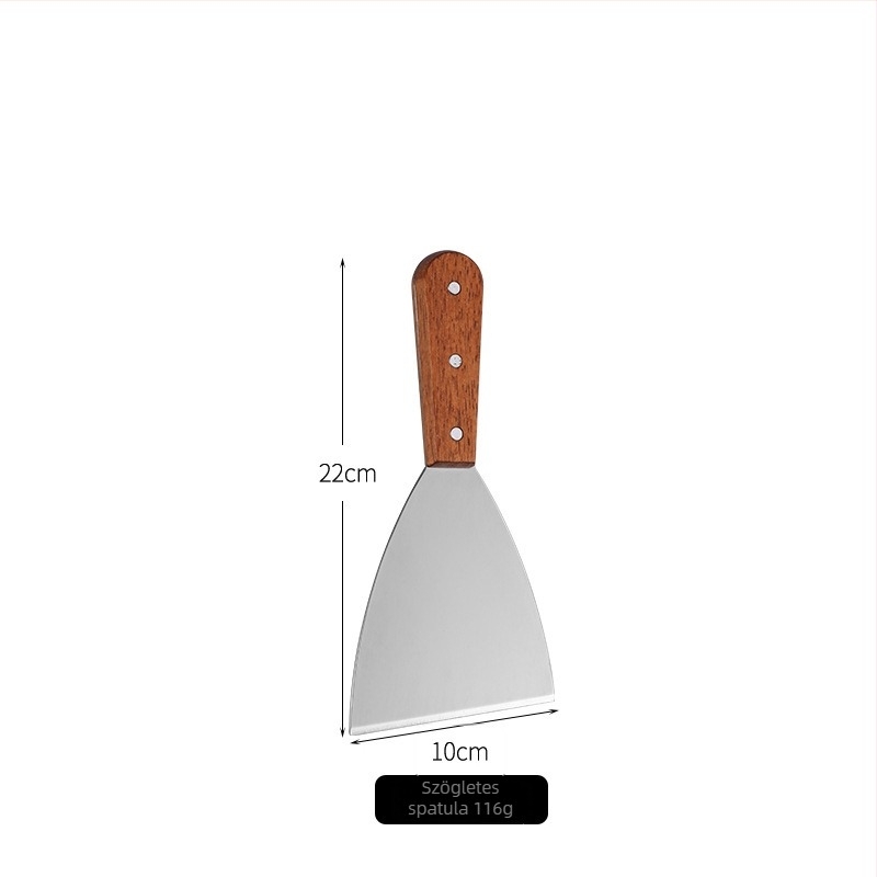 Rozsdamentes acél spatula fából készült nyéllel teppanyakihoz, steakhez, háromszög alakú spatula, pizza és palacsinták számára