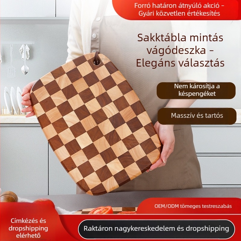 Gumifa vágódeszka sakkos mintával, kétoldalas konyhai deszka, tömörfa
