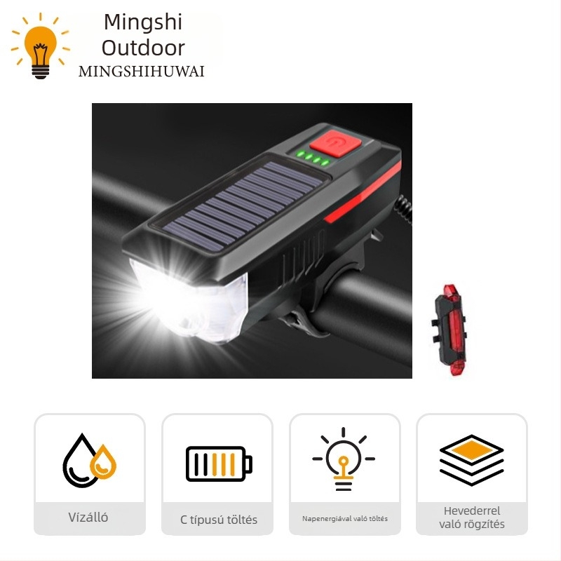 Napelemes USB-s első lámpa mountain bike-hoz, vízálló LED-fény éjszakai kerékpározáshoz