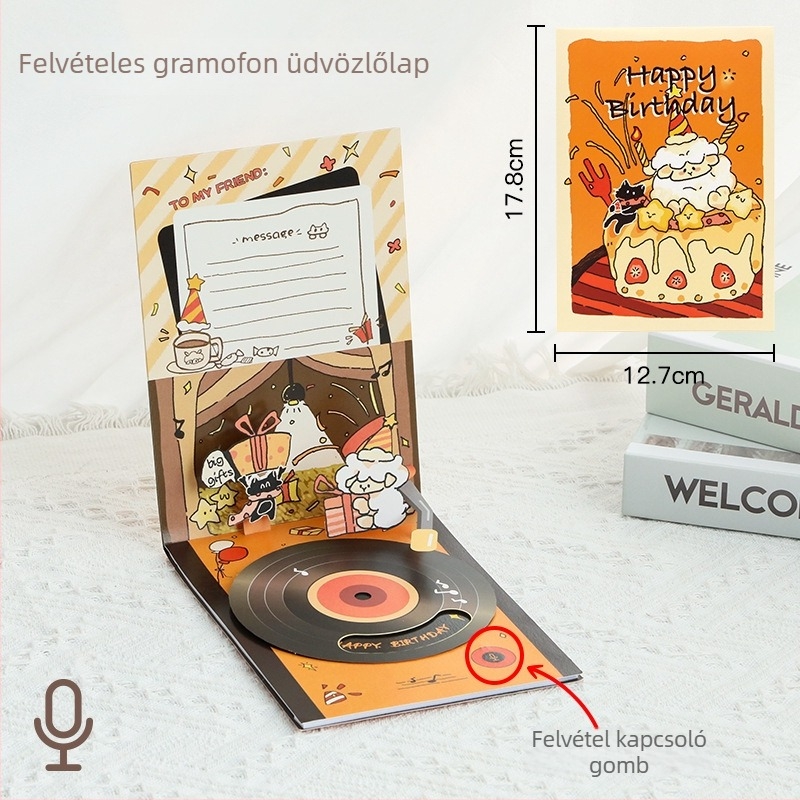 Születésnapi üdvözlőlap hangfelvétellel és sztereó zenével, kézzel készített DIY kártya