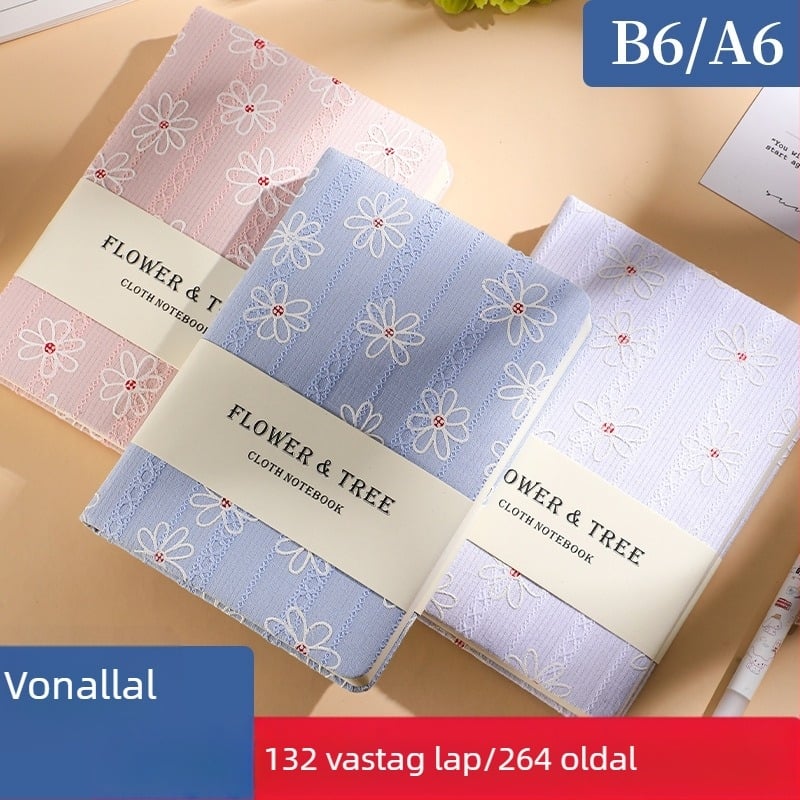 Textilborítású jegyzetfüzet margaréta mintával, A6/B6, ultra vastag napló