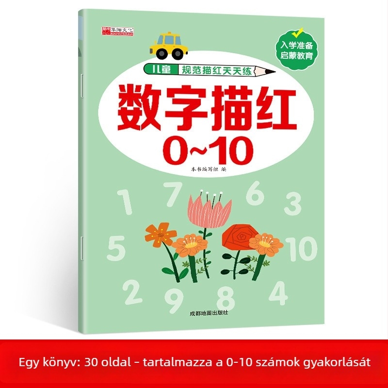 3–8 éveseknek szóló piros kontúrú számnyomtató gyakorlófüzet – óvoda-előkészítő írásgyakorlat