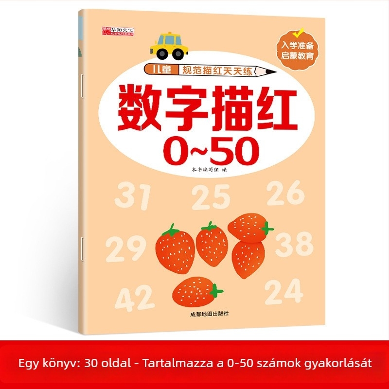 3–8 éveseknek szóló piros kontúrú számnyomtató gyakorlófüzet – óvoda-előkészítő írásgyakorlat
