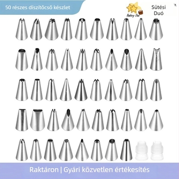 48 fejű díszítőcső készlet, 50 darabos készlet krémnyomó és díszítőeszközökkel