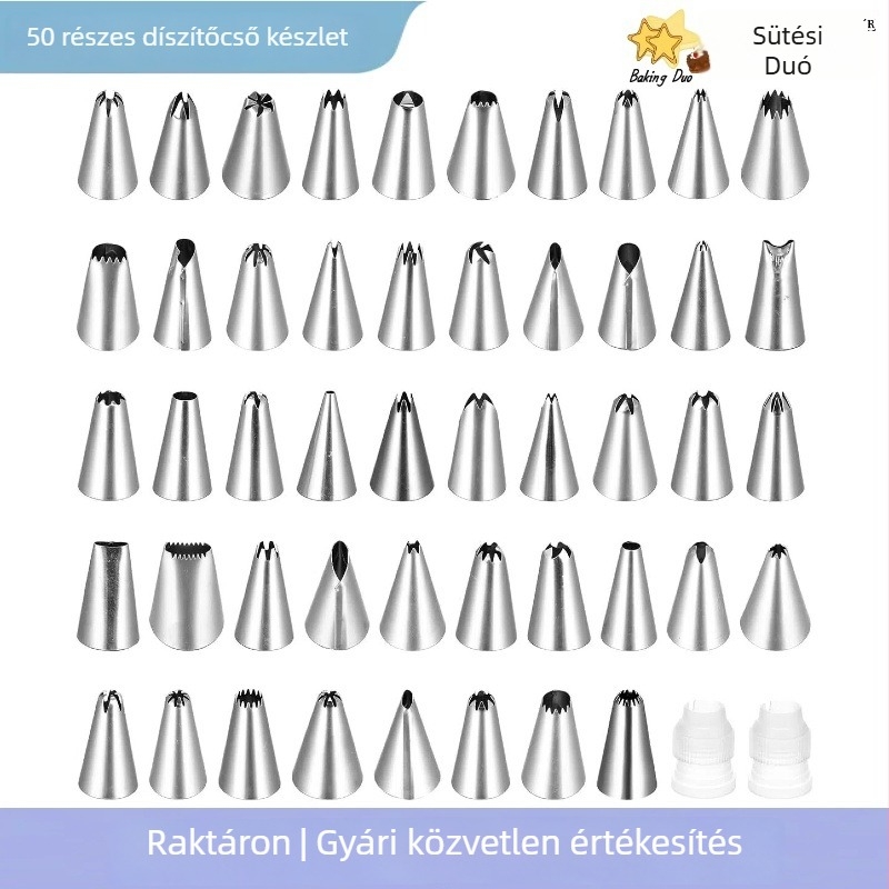 48 fejű díszítőcső készlet, 50 darabos készlet krémnyomó és díszítőeszközökkel