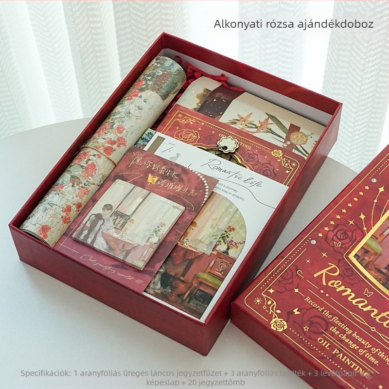 Retro kivágott olajfestmény dizájnú noteszerszett aranyfóliás borítóval, ajándékdobozban