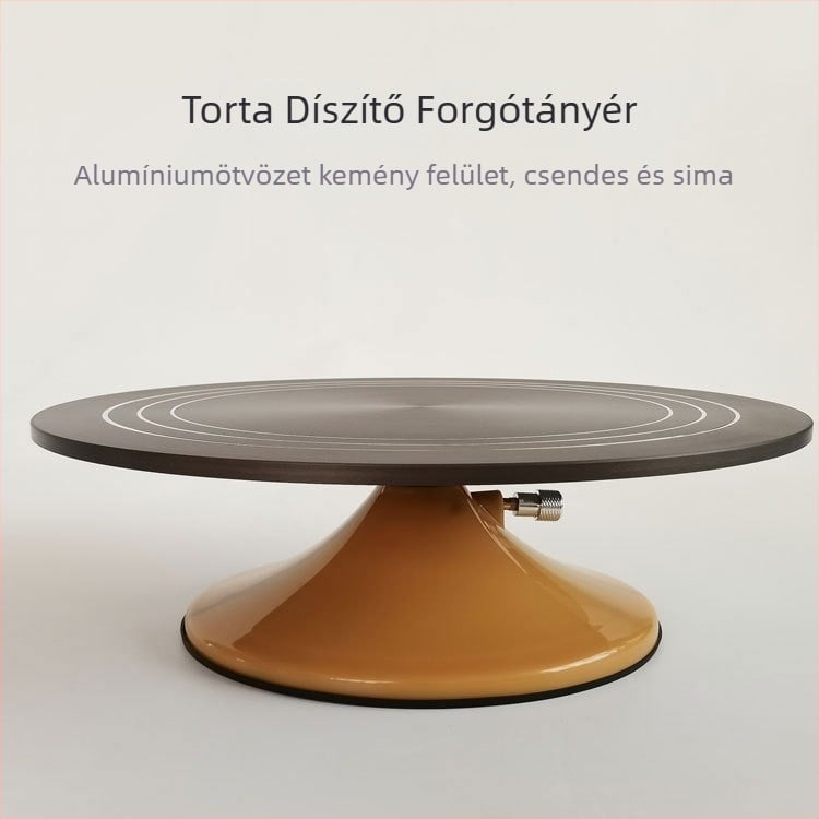 Torta díszítésére szolgáló forgó tálca, műanyag alaplappal és alumíniumötvözetből készült kemény felülettel, kézi működtetés, Modell J