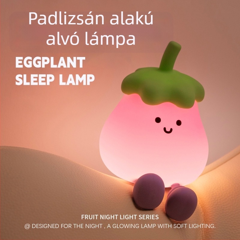 Padlizsán alakú éjjeli lámpa, szemkímélő a szoptatáshoz és az alváshoz a hálószobában, szilikonból, érintéses kapcsolóval, újratölthető