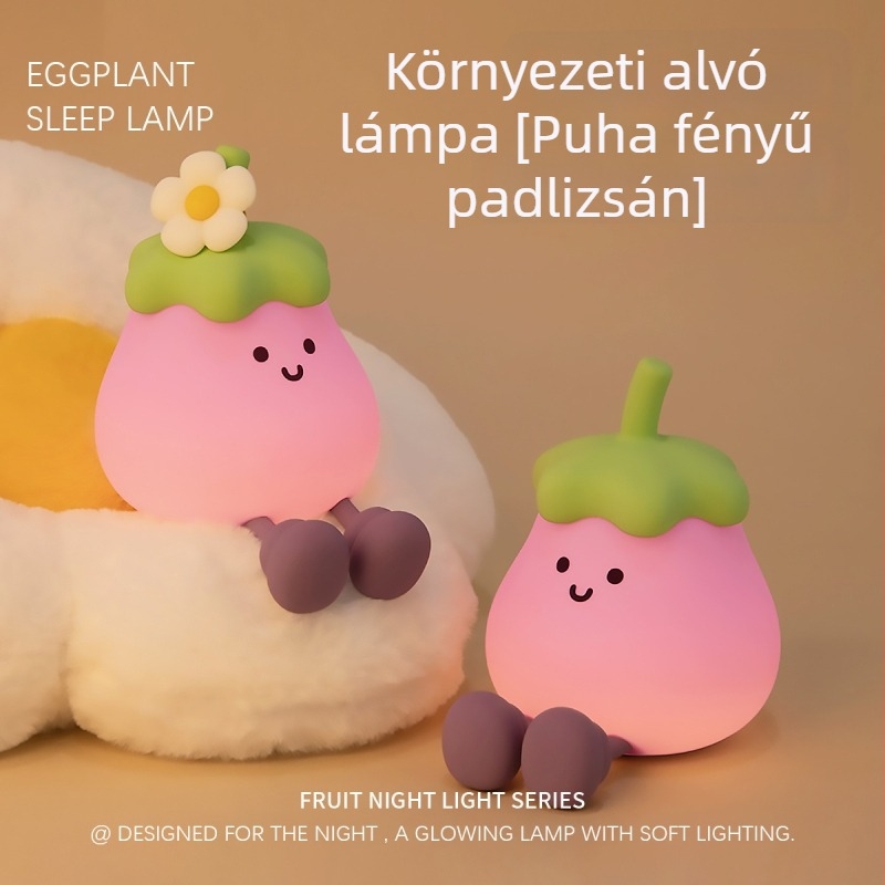 Padlizsán alakú éjjeli lámpa, szemkímélő a szoptatáshoz és az alváshoz a hálószobában, szilikonból, érintéses kapcsolóval, újratölthető