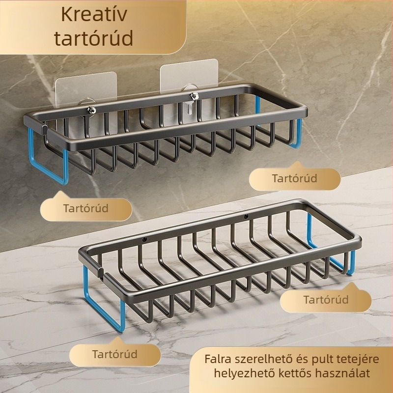 Fali szappantartó fúrás nélkül, lefolyó tálcával, fürdőszobai tároló, prémium