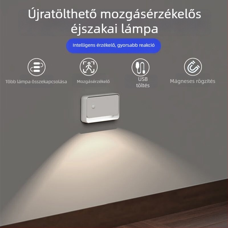 Mozgásérzékelős éjszakai lámpa lépcsőházhoz és folyosóhoz, újratölthető, automatikus bekapcsolás mozgás észlelésekor