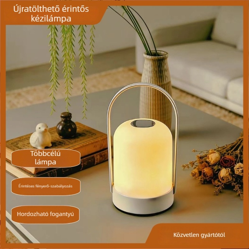 LED újratölthető hordozható éjszakai lámpa — hangulatfény az ágy mellé, érintéses fényerő- és színváltás, akkumulátoros, modern minimalist stílus, beltéri és kemping használat