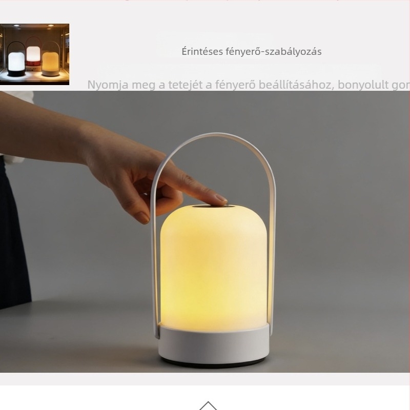 LED újratölthető hordozható éjszakai lámpa — hangulatfény az ágy mellé, érintéses fényerő- és színváltás, akkumulátoros, modern minimalist stílus, beltéri és kemping használat