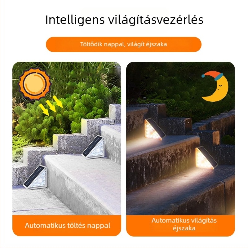 Kültéri vízálló napelemes lépcsőfok LED lámpa, oldalirányú világítás a kerthez, automatikus bekapcsolás sötétben, IP65, 10W