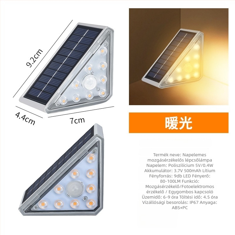 Kültéri vízálló napelemes lépcsőfok LED lámpa, oldalirányú világítás a kerthez, automatikus bekapcsolás sötétben, IP65, 10W