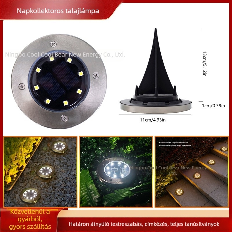 8 LED-es napelemes föld alatti lámpa rozsdamentes acélból, kültéri gyepre és udvarra, IP54 vízálló