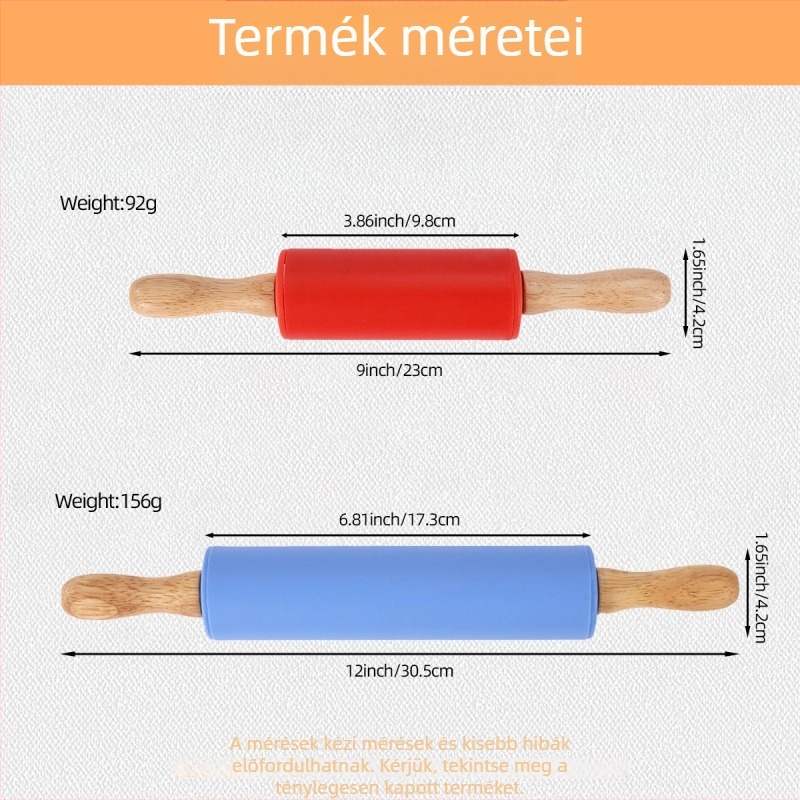 Szilikon tésztatekercs vastag fa nyéllel, körkörös henger, nem tapad, hőálló sütéshez