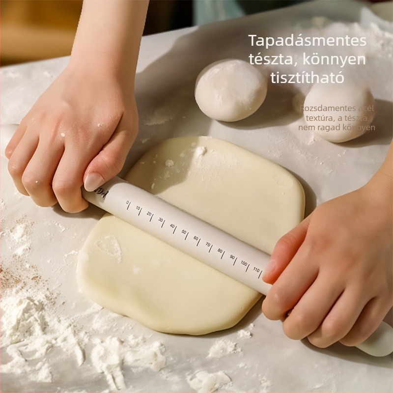 Szilikon nyújtófa, szilárd és nem tapadó felülettel, mérőskálával és akasztónyílással, sütési eszköz