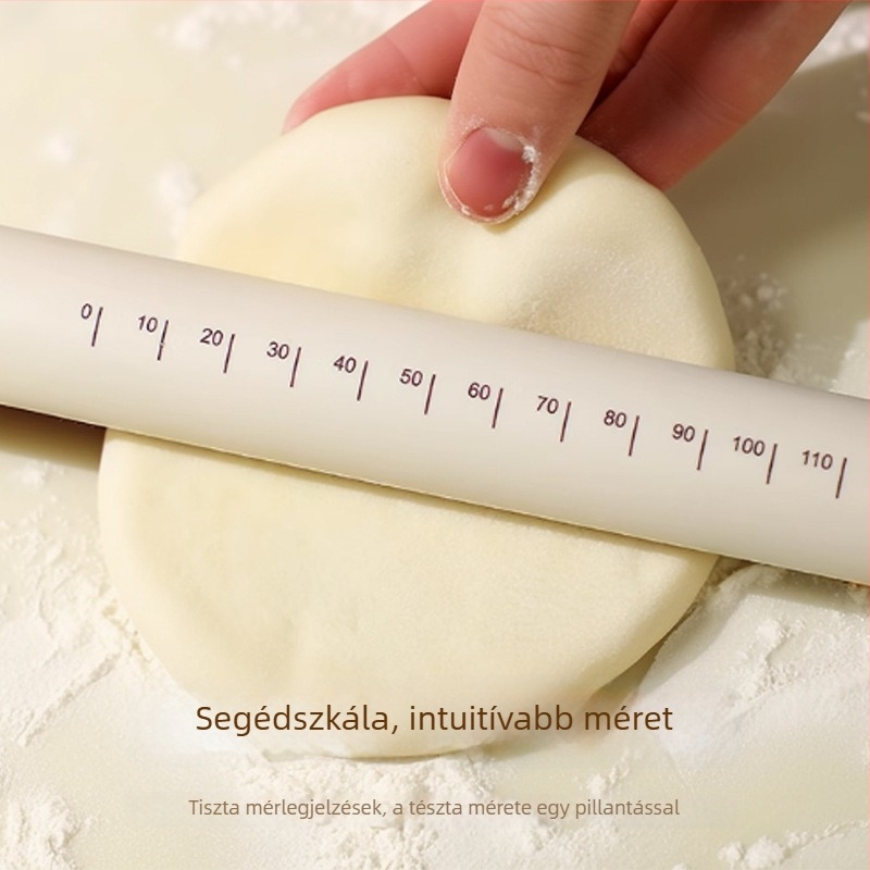 Szilikon nyújtófa, szilárd és nem tapadó felülettel, mérőskálával és akasztónyílással, sütési eszköz