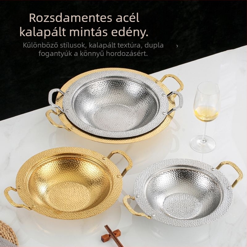 Rozsdamentes acél Koreai stílusú forróedény havas mintával, arany széles peremmel, edény tengeri gyümölcseihez és sűrített leveshez alkoholfőzővel