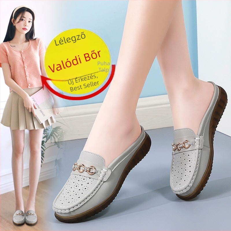 Női valódi bőrből készült zárt orrú szandálok, mindennapi viseletre perforált részletekkel és puha csúszásmentes talppal