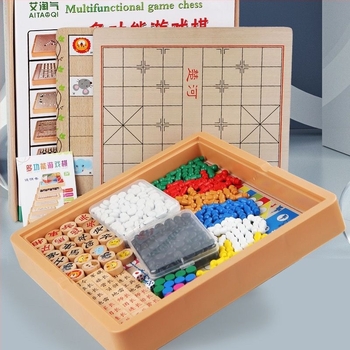 Nagy, gyermekeknek szóló, fa alapú, többfunkciós asztali játékkészlet: Repülő sakk, Backgammon, Sakk, Állat sakk
