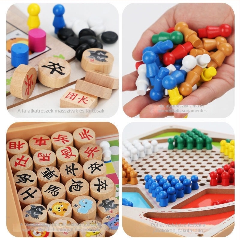 Nagy, gyermekeknek szóló, fa alapú, többfunkciós asztali játékkészlet: Repülő sakk, Backgammon, Sakk, Állat sakk