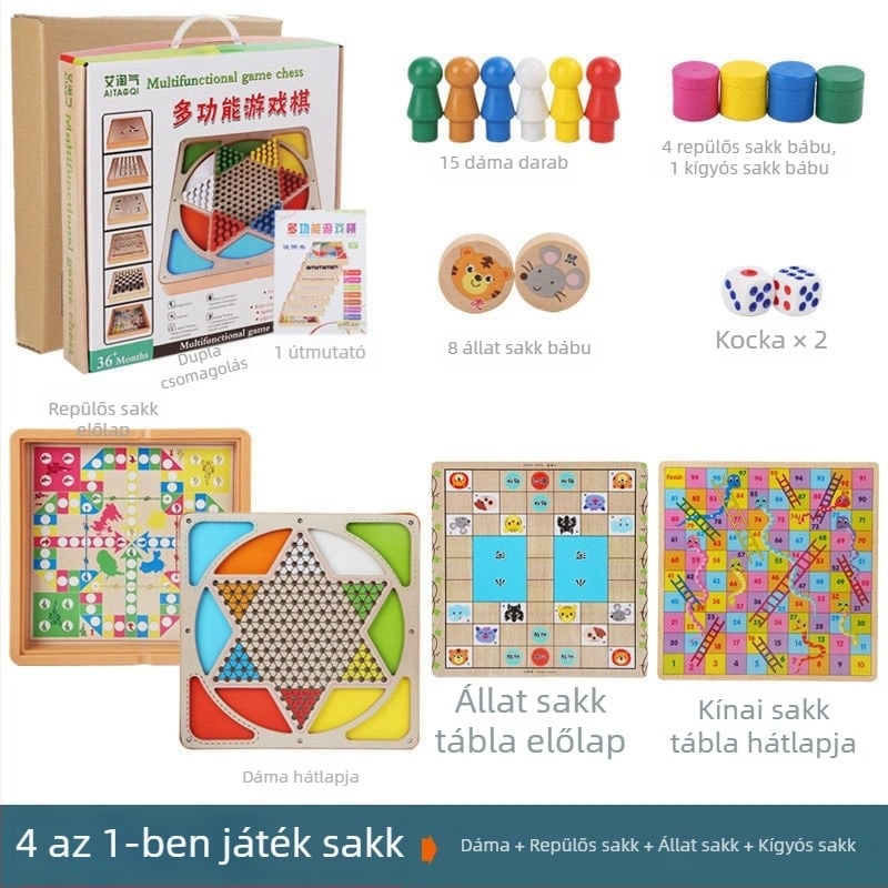 Nagy, gyermekeknek szóló, fa alapú, többfunkciós asztali játékkészlet: Repülő sakk, Backgammon, Sakk, Állat sakk