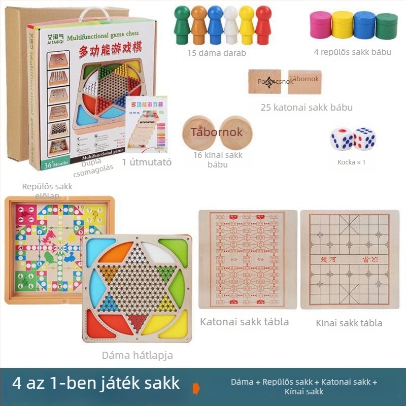 Nagy, gyermekeknek szóló, fa alapú, többfunkciós asztali játékkészlet: Repülő sakk, Backgammon, Sakk, Állat sakk