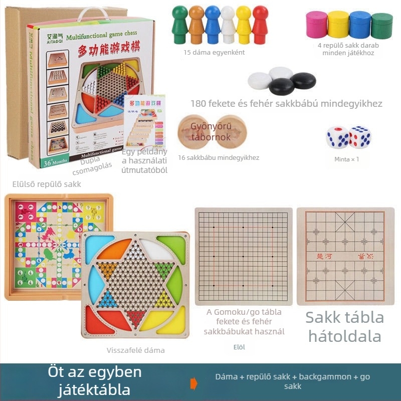 Nagy, gyermekeknek szóló, fa alapú, többfunkciós asztali játékkészlet: Repülő sakk, Backgammon, Sakk, Állat sakk