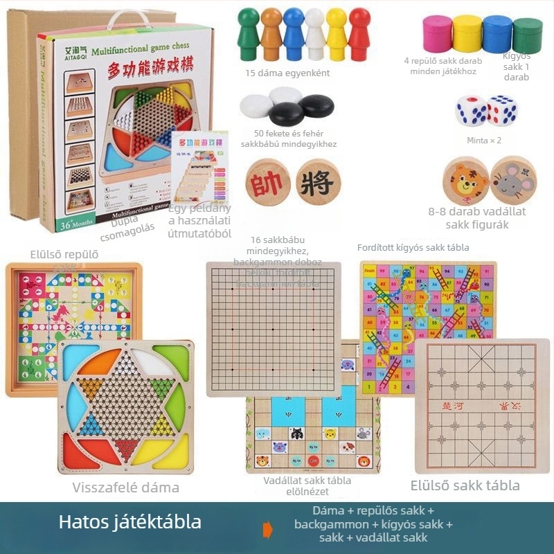 Nagy, gyermekeknek szóló, fa alapú, többfunkciós asztali játékkészlet: Repülő sakk, Backgammon, Sakk, Állat sakk