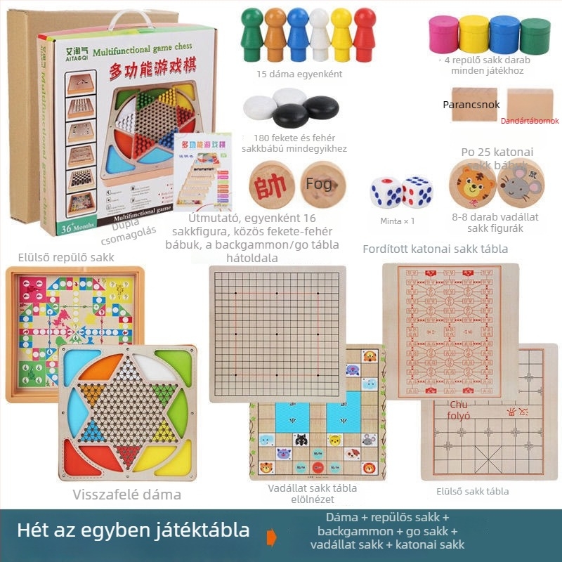 Nagy, gyermekeknek szóló, fa alapú, többfunkciós asztali játékkészlet: Repülő sakk, Backgammon, Sakk, Állat sakk