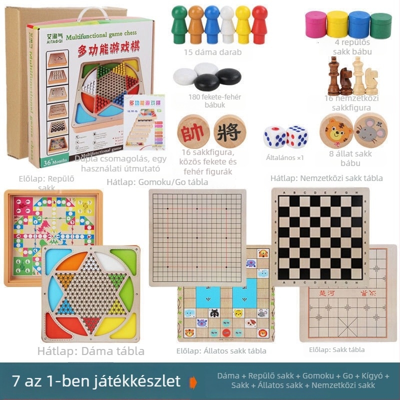 Nagy, gyermekeknek szóló, fa alapú, többfunkciós asztali játékkészlet: Repülő sakk, Backgammon, Sakk, Állat sakk