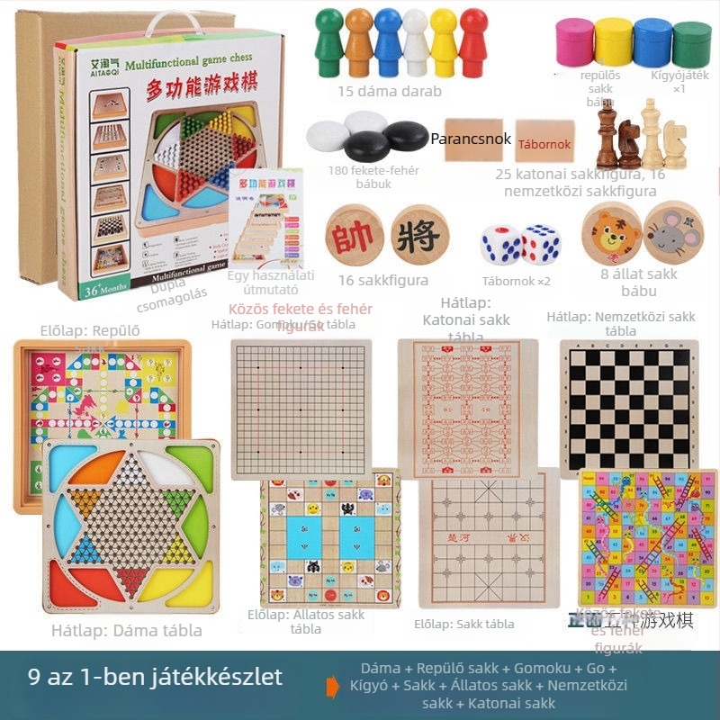 Nagy, gyermekeknek szóló, fa alapú, többfunkciós asztali játékkészlet: Repülő sakk, Backgammon, Sakk, Állat sakk