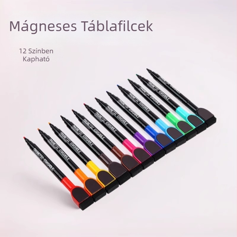 Mágneses fehértábla tollak kefével, 12 színű, törölhető, vízbázisú markerok irodai és tantermi használatra