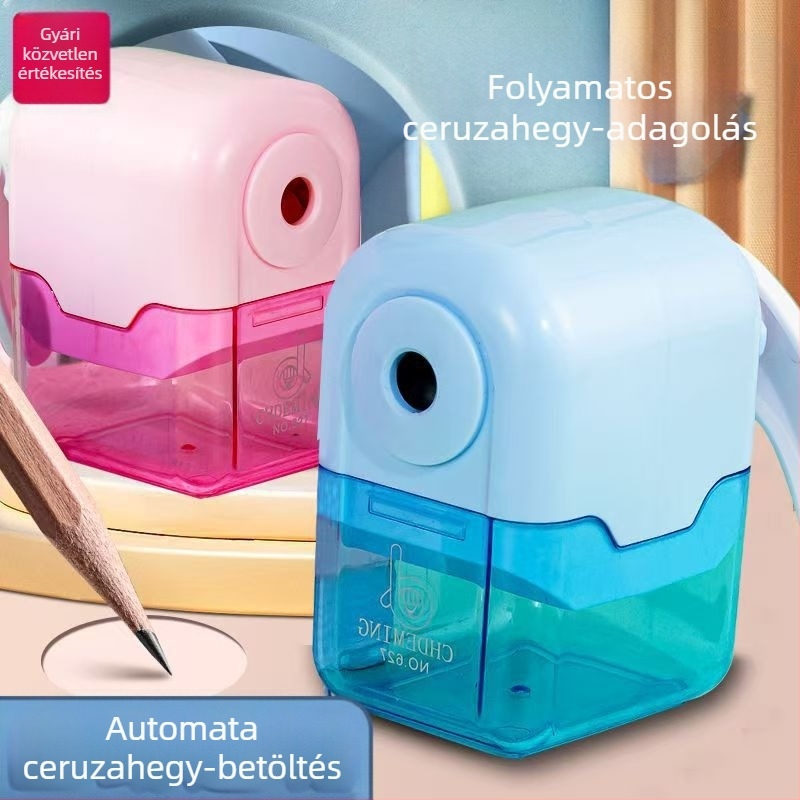Kézi ceruzahegyező automatikus grafitadagolóval, többfunkciós gyermekeknek, rajzfilm motívummal, egyszínű kivitelben