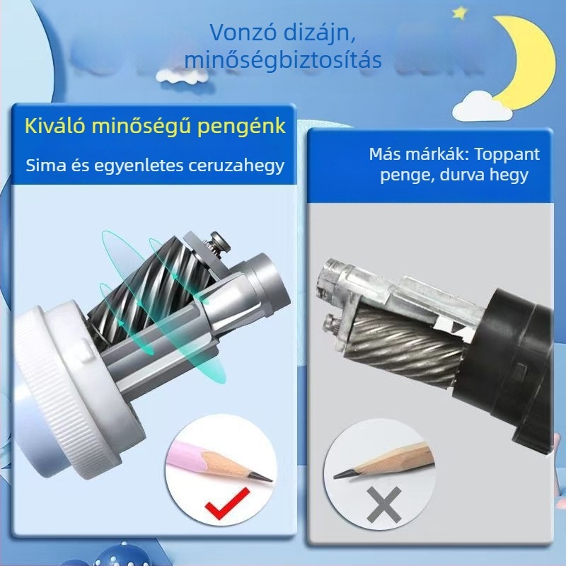 Kézi ceruzahegyező automatikus grafitadagolóval, többfunkciós gyermekeknek, rajzfilm motívummal, egyszínű kivitelben