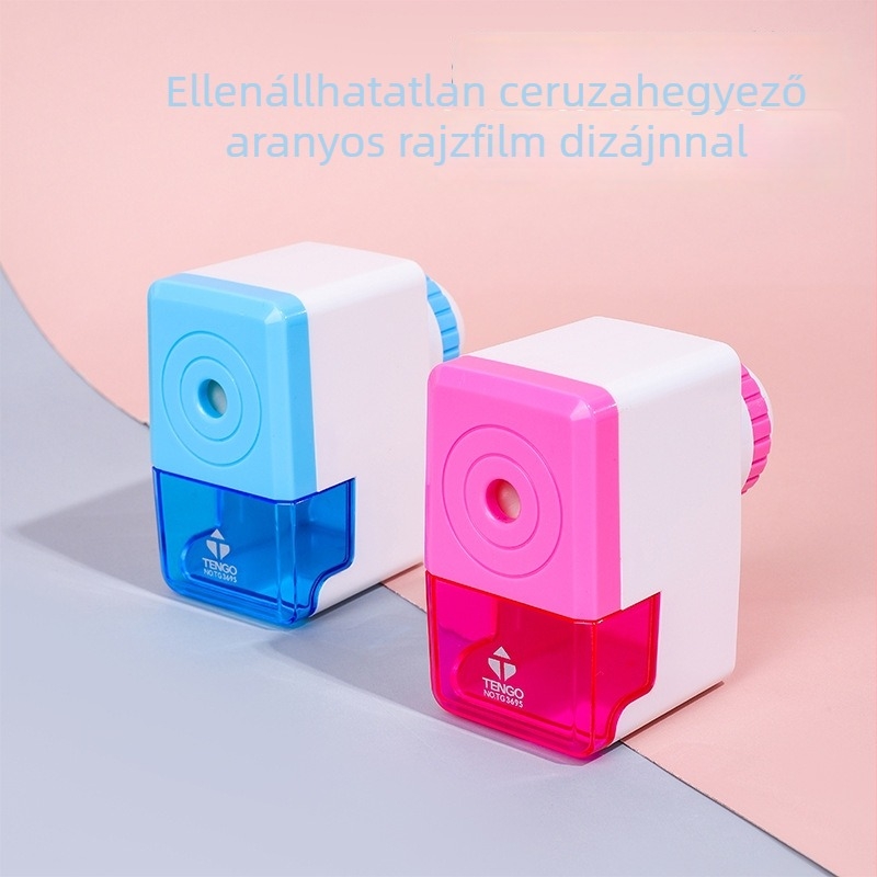 Kocka alakú ceruzahegyező kézi működtetéshez, rajzfilmszerű dizájn, diákoknak és gyerekeknek